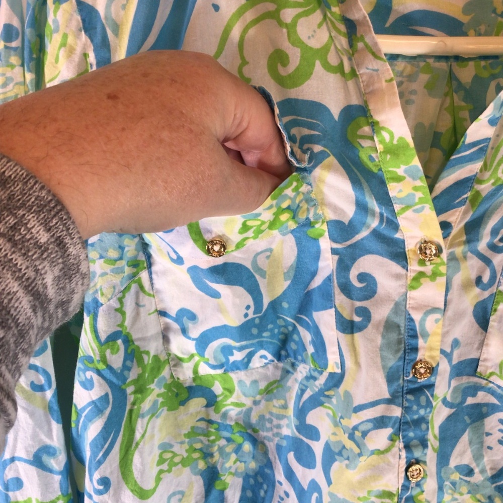 Lilly Pulitzer Small Tunic Top Blue Green Coastal Shell Swirl Cotton Resort - Picture 6 of 10